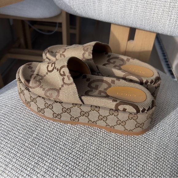 NWOB Gucci Angelina GG Logo Jacquard Coated Canvas Platform Slides Sandals - Picture 6 of 11